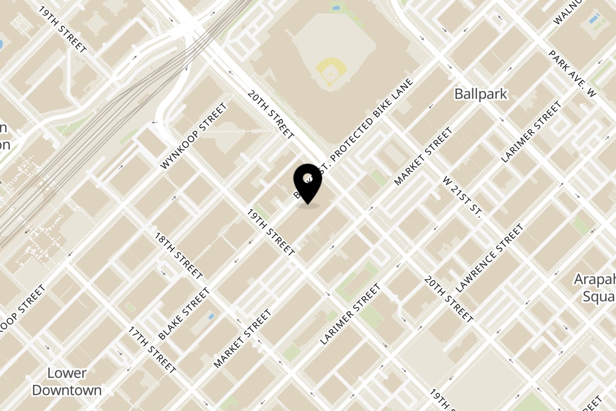 Map showing the location of Swanky's Vittles and Libations on 1938 Blake St in Denver